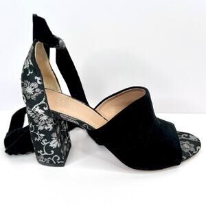 LEWIT Women's Size 9 Black Floral Velvet Tie Wrap Open Toe Block Heels Shoes